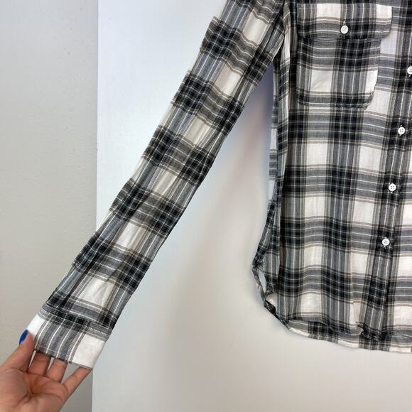 PAIGE XS Viscose Plaid Lightweight Button Down Flannel Shirt Black White - Picture 4 of 10